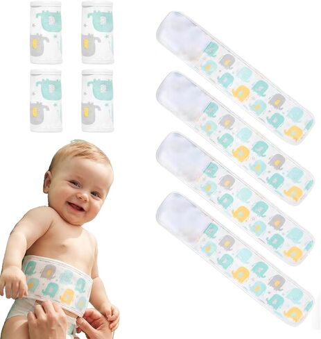 4Pcs Baby Umbilical Cord Belly Band | Soft Magic Tape & Double‑Layer Cotton | Adjustable Breathable Newborn Tummy Wrap, Elephant Pattern Navel Protector for 0‑12 Months Infant in Kuwait