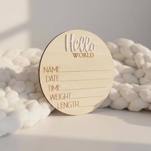 Hello World Wooden Baby Birth Announcement Sign, Newborn Name Date Time Weight Length Board, Neutral Nursery Decor Photo Prop Keepsake (White) in Kuwait