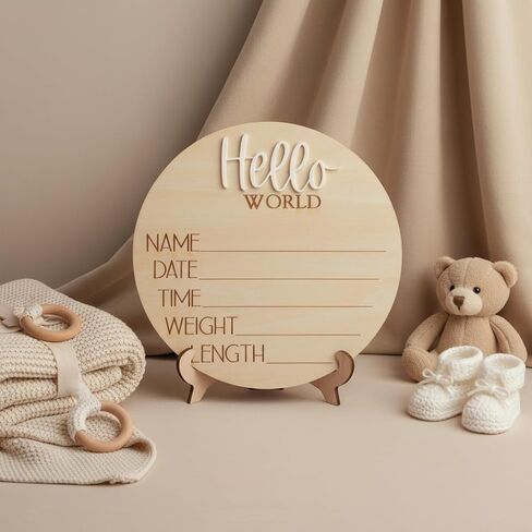 Hello World Wooden Baby Birth Announcement Sign, Newborn Name Date Time Weight Length Board, Neutral Nursery Decor Photo Prop Keepsake (White) in Kuwait