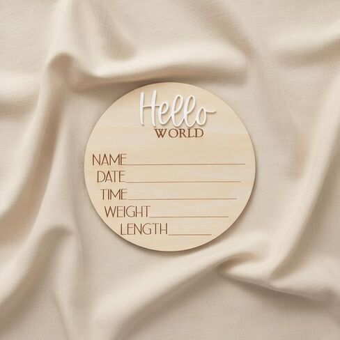Hello World Wooden Baby Birth Announcement Sign, Newborn Name Date Time Weight Length Board, Neutral Nursery Decor Photo Prop Keepsake (White) in Kuwait