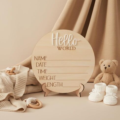Hello World Wooden Baby Birth Announcement Sign, Newborn Name Date Time Weight Length Board, Neutral Nursery Decor Photo Prop Keepsake (White) in Kuwait