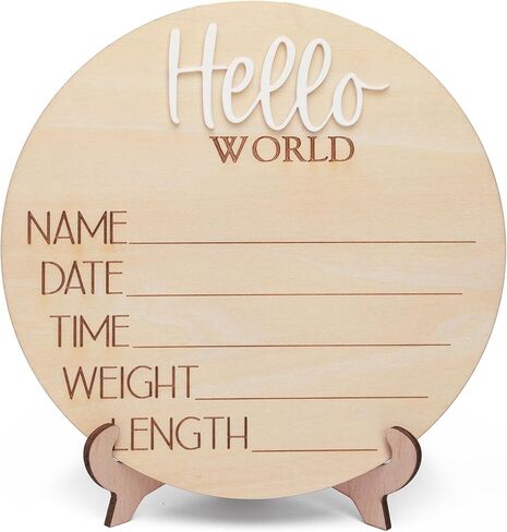 Hello World Wooden Baby Birth Announcement Sign, Newborn Name Date Time Weight Length Board, Neutral Nursery Decor Photo Prop Keepsake (White) in Kuwait