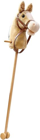 kowaku Stick Horse Plush Hobby Horse Riding Stick with Wooden Pole Handle and Realistic Hoof Neighing Sounds Suitable for Children Indoor Play Birthday Gift, Yellow with Wheels in Kuwait