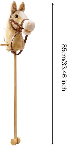 kowaku Stick Horse Plush Hobby Horse Riding Stick with Wooden Pole Handle and Realistic Hoof Neighing Sounds Suitable for Children Indoor Play Birthday Gift, Yellow with Wheels in Kuwait