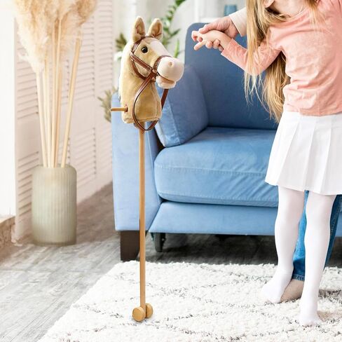 kowaku Stick Horse Plush Hobby Horse Riding Stick with Wooden Pole Handle and Realistic Hoof Neighing Sounds Suitable for Children Indoor Play Birthday Gift, Yellow with Wheels in Kuwait