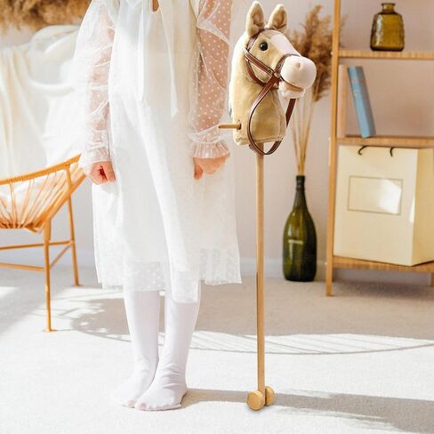 kowaku Stick Horse Plush Hobby Horse Riding Stick with Wooden Pole Handle and Realistic Hoof Neighing Sounds Suitable for Children Indoor Play Birthday Gift, Yellow with Wheels in Kuwait