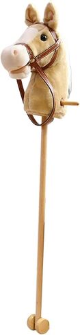 kowaku Stick Horse Plush Hobby Horse Riding Stick with Wooden Pole Handle and Realistic Hoof Neighing Sounds Suitable for Children Indoor Play Birthday Gift, Yellow with Wheels in Kuwait