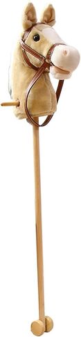 kowaku Stick Horse Plush Hobby Horse Riding Stick with Wooden Pole Handle and Realistic Hoof Neighing Sounds Suitable for Children Indoor Play Birthday Gift, Yellow with Wheels in Kuwait