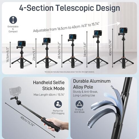 40cm/15.75" Action Camera Selfie Stick Tripod with 360° Ball Head, Extendable Handheld Monopod for Vertical Shooting, Lightweight Vlogging Accessories for GoPro, DJI Osmo Action, Insta360 Ace Pro in Kuwait