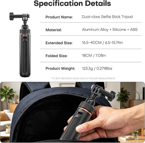 40cm/15.75" Action Camera Selfie Stick Tripod with 360° Ball Head, Extendable Handheld Monopod for Vertical Shooting, Lightweight Vlogging Accessories for GoPro, DJI Osmo Action, Insta360 Ace Pro in Kuwait