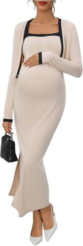 OYOANGLE Women's Maternity 2 Piece Outfits Midi Dress and Cardigan Sets | Long Sleeves, Bodycon, Long Dress, Lightweight Bolero Shrug in Kuwait