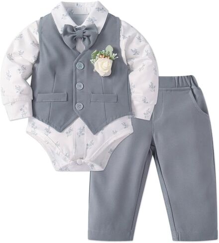 Dressy Daisy Baby Boy 5 Piece Suit Set with Vest Shirt Pants Bow Tie and Boutonniere for Wedding Birthday Formal Outfit Grey in Kuwait