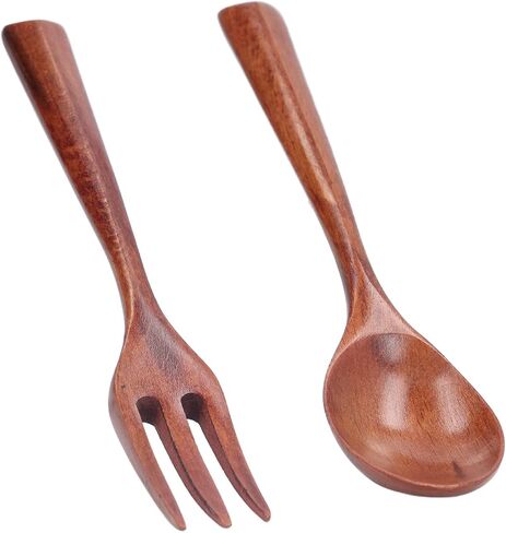 2pcs Rengas Wood Fork Spoon Set, Heat Hard Wooden Flatware for Kids, Safe Free Dinnerware Utensils for Daily Use in Kuwait