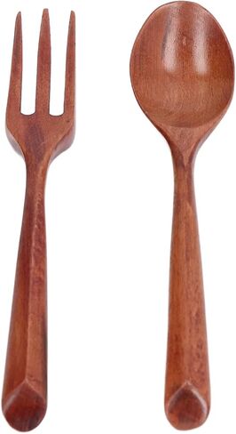 2pcs Rengas Wood Fork Spoon Set, Heat Hard Wooden Flatware for Kids, Safe Free Dinnerware Utensils for Daily Use in Kuwait