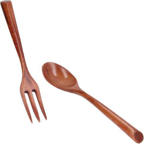 2pcs Rengas Wood Fork Spoon Set, Heat Hard Wooden Flatware for Kids, Safe Free Dinnerware Utensils for Daily Use in Kuwait