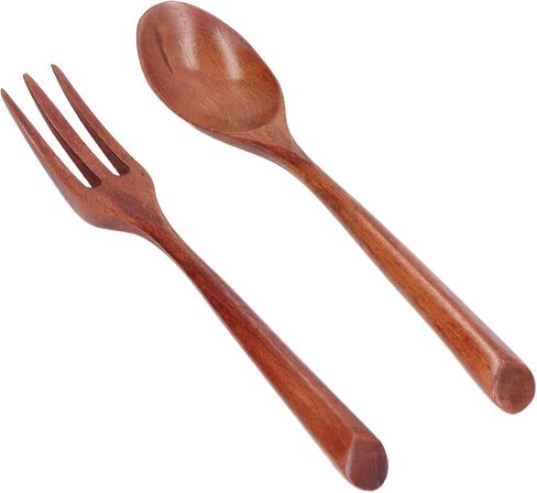 2pcs Rengas Wood Fork Spoon Set, Heat Hard Wooden Flatware for Kids, Safe Free Dinnerware Utensils for Daily Use in Kuwait
