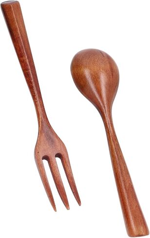 2pcs Rengas Wood Fork Spoon Set, Heat Hard Wooden Flatware for Kids, Safe Free Dinnerware Utensils for Daily Use in Kuwait