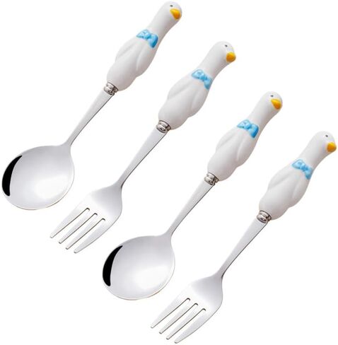 (4 Pieces) Cartoon Ceramic Handle Stainless Steel Household Eating Soup Spoon Small Round Dessert Fruit Fork (Fork) in Kuwait