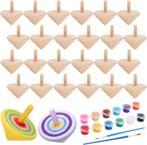 DoubleFill 48pcs DIY Wooden Spinning Tops Craft Kit Watercolor Paints Unfinished Wood Gyroscopes for Kids Educational Kindergarten Toys Spin Tops for Birthday Gifts, Family Games Party Favors in Kuwait