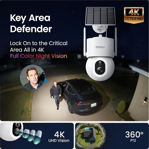 aosu SolarCam D1 Max, 4K Solar Security Cameras Outdoor Wireless, 360° Pan & Tilt Coverage, Auto Tracking, Color Night Vision, Local Storage, No Subscription Required in Kuwait