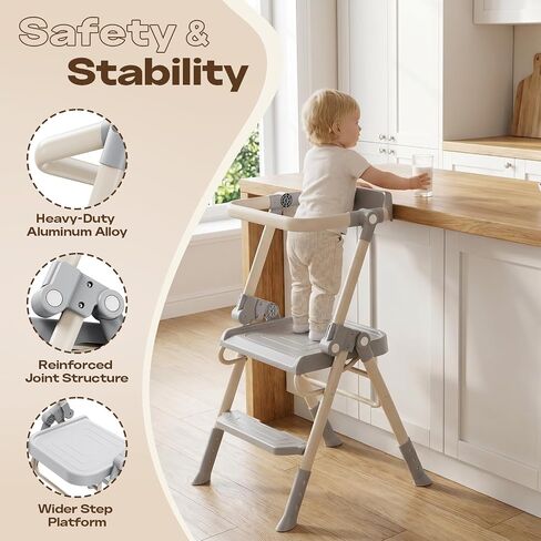 Toddler Step Stool, Kids Toddler Tower Foldable, Pro-A Structure for Maximum Stability, Kitchen Stool Helper with Anti-Drop Structure and Safety Railing, Ultra-Secure, Ideal for Toddlers & Youngsters in Kuwait