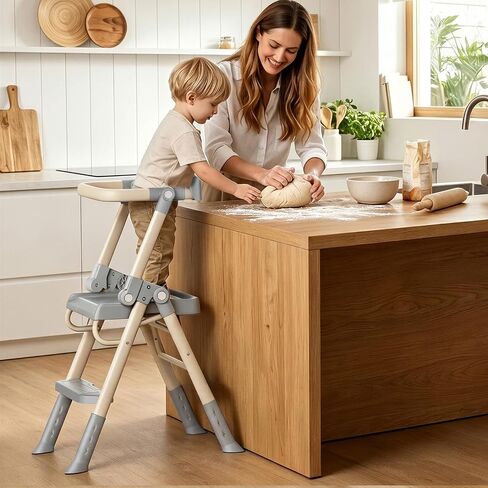 Toddler Step Stool, Kids Toddler Tower Foldable, Pro-A Structure for Maximum Stability, Kitchen Stool Helper with Anti-Drop Structure and Safety Railing, Ultra-Secure, Ideal for Toddlers & Youngsters in Kuwait