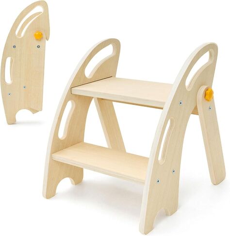 Foldable Toddler Step Stool - Wooden 2 Step Stool for Kids with Handle & Non-Slip Pads, Sturdy Space-Saving Kitchen Helper for Potty Training & Bathroom Sink (Natural Wood Color) in Kuwait