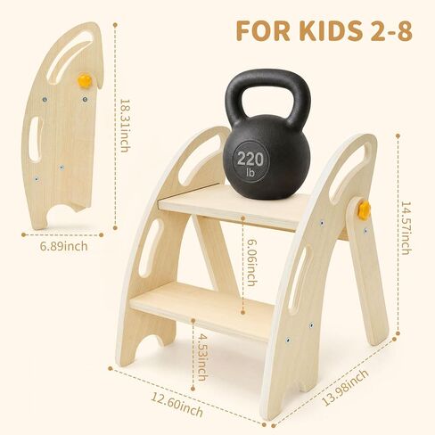 Foldable Toddler Step Stool - Wooden 2 Step Stool for Kids with Handle & Non-Slip Pads, Sturdy Space-Saving Kitchen Helper for Potty Training & Bathroom Sink (Natural Wood Color) in Kuwait