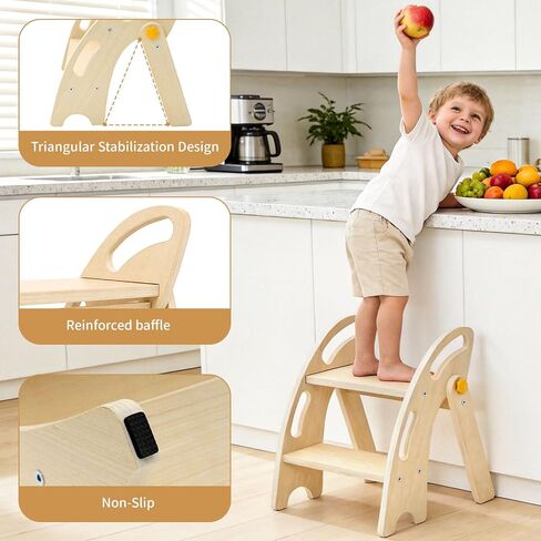 Foldable Toddler Step Stool - Wooden 2 Step Stool for Kids with Handle & Non-Slip Pads, Sturdy Space-Saving Kitchen Helper for Potty Training & Bathroom Sink (Natural Wood Color) in Kuwait