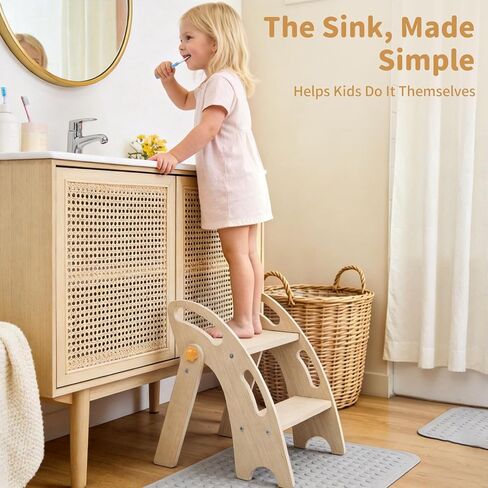 Foldable Toddler Step Stool - Wooden 2 Step Stool for Kids with Handle & Non-Slip Pads, Sturdy Space-Saving Kitchen Helper for Potty Training & Bathroom Sink (Natural Wood Color) in Kuwait