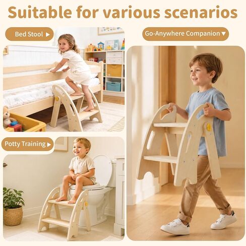 Foldable Toddler Step Stool - Wooden 2 Step Stool for Kids with Handle & Non-Slip Pads, Sturdy Space-Saving Kitchen Helper for Potty Training & Bathroom Sink (Natural Wood Color) in Kuwait