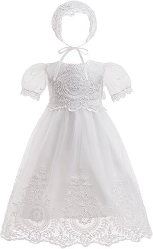 Baby Girls Christening Baptism Dress Infant Toddler Floral Embroidered Lace Gown & Bonnet in Kuwait