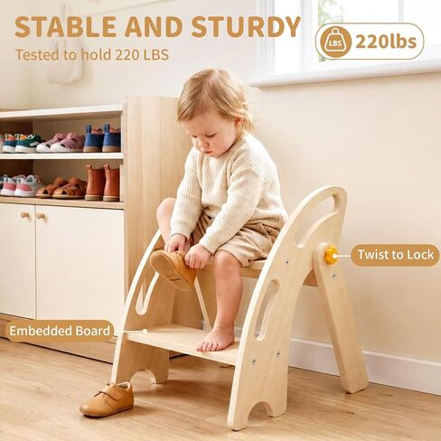Foldable Toddler Step Stool - Wooden 2 Step Stool for Kids with Handle & Non-Slip Pads, Sturdy Space-Saving Kitchen Helper for Potty Training & Bathroom Sink (Natural Wood Color) in Kuwait