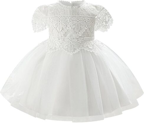 ODASDO Infant Baby Girl Baptism Lace Dress for Christening Wedding Pageant | Newborn Satin 1st Birthday Outfit, Toddler Kid Ruffle Tulle Tutu Flower Girls Formal Party Princess Gown with Bow Tie Back in Kuwait