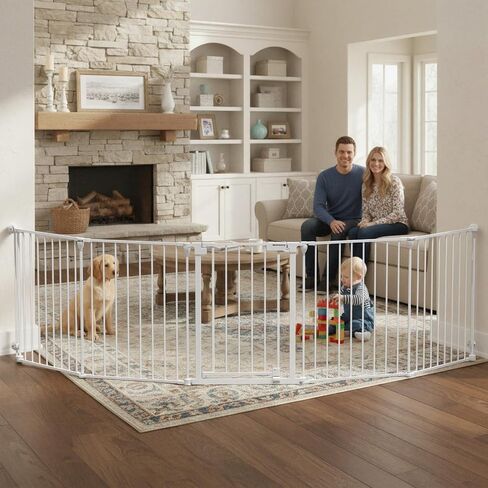 Mumeasy 126" Extra Wide Baby Gate for Doorways, Stairs & Fireplace, Auto Close Safety Dog & Pet Gate with Walk Thru Door, Childproof Fence for Hallway Kitchen House Indoor Outdoor,5 Metal Panels,Black in Kuwait