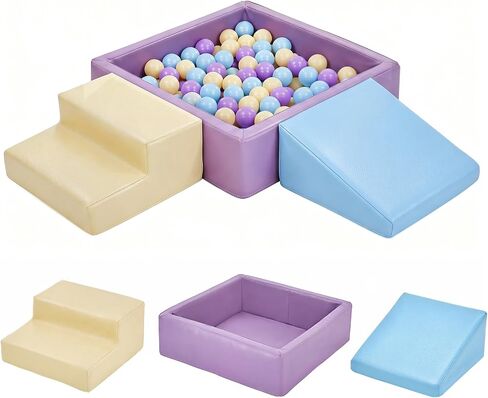 Hoohtoot Foam Climbing Blocks with Square Ball Pit for Babies and Toddlers, 3-Piece PU Leather Climbing Toys Non-Toxic, Non-Slip Easy Clean, Indoor Crawling Soft Play Set, Gift for Kids in Kuwait