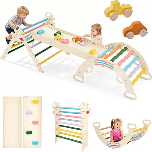 DUMOS 9-in-1 Pikler Triangle Set for Toddlers, Foldable Montessori Climbing Toys Indoor, Wooden Jungle Gym with Arch Rocker, Reversible Ramp, Ladder, Toy Cars and Blocks, Multicolored in Kuwait