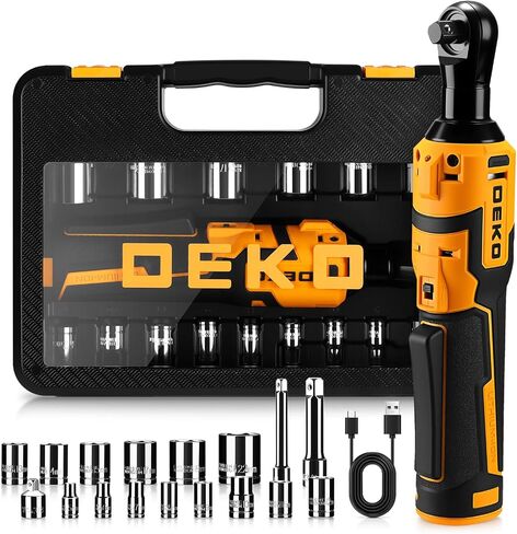 DEKOPRO Cordless Electric Ratchet Wrench Set 3/8" 450RPM Power Ratchet Tool Kit, 19Pcs Cordless Ratchets Wrench Set with Variable Speed,14 Sockets,3/8" to1/4 Adapter,2 Extension Bars, Charging Line in Kuwait
