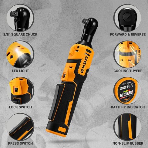 DEKOPRO Cordless Electric Ratchet Wrench Set 3/8" 450RPM Power Ratchet Tool Kit, 19Pcs Cordless Ratchets Wrench Set with Variable Speed,14 Sockets,3/8" to1/4 Adapter,2 Extension Bars, Charging Line in Kuwait