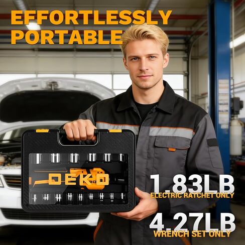 DEKOPRO Cordless Electric Ratchet Wrench Set 3/8" 450RPM Power Ratchet Tool Kit, 19Pcs Cordless Ratchets Wrench Set with Variable Speed,14 Sockets,3/8" to1/4 Adapter,2 Extension Bars, Charging Line in Kuwait