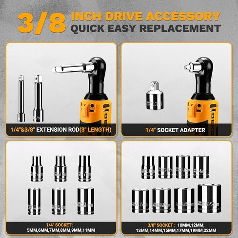DEKOPRO Cordless Electric Ratchet Wrench Set 3/8" 450RPM Power Ratchet Tool Kit, 19Pcs Cordless Ratchets Wrench Set with Variable Speed,14 Sockets,3/8" to1/4 Adapter,2 Extension Bars, Charging Line in Kuwait