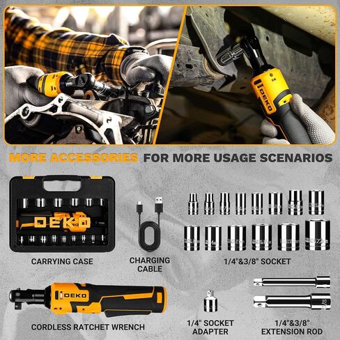 DEKOPRO Cordless Electric Ratchet Wrench Set 3/8" 450RPM Power Ratchet Tool Kit, 19Pcs Cordless Ratchets Wrench Set with Variable Speed,14 Sockets,3/8" to1/4 Adapter,2 Extension Bars, Charging Line in Kuwait