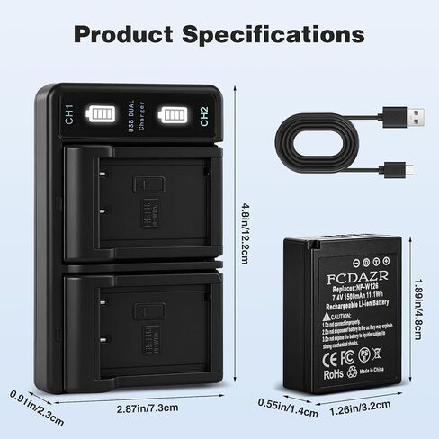 NP-W126 NP-W126S Battery(2-Pack) and USB Dual Charger for Fujifilm XM5, X100VI, X100V, XS10, XT30, XT30 II, XT20, XE4, A5 Camera in Kuwait