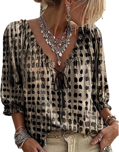 Women's Polka Dot Blouse V Neck Lace Up 3/4 Sleeve Shirt Elegant Casual Flowy Summer Tops Tie Front Ruffle Trim Blouse in Kuwait