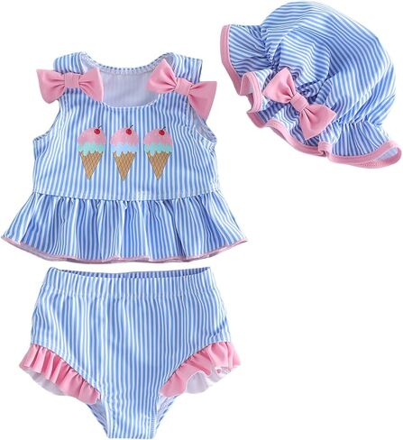 BULINGNA 3Pcs Swimsuit Set for Baby Girl, Ice Cream Tank Top with Ruffled Swim Shorts Matching Swim Cap Striped Bathing Suit in Kuwait