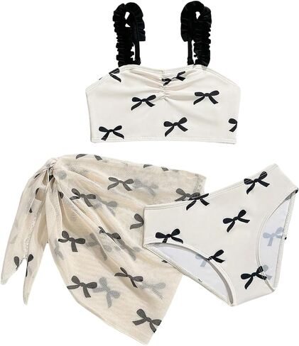 Verdusa Toddler Girl's 3 Piece Coquette Bow Tie Print Bikini Sets Ruffle Strap Swimsuits with Sarong in Kuwait