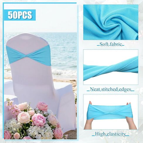50 PCS Blue Chair Sashes 13.8Inch Spandex Chair Sashes Without Buckle Stretch Chairs Cover Band Chairs Bows for Party Universal Fit Stretch Bands for Wedding Banquet Hotel Party Events in Kuwait