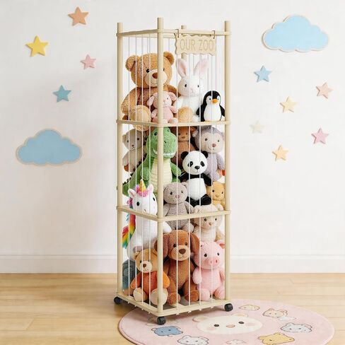 Rexlebo 54in Stuffed Animal Storage, 3-Tier Wooden Plushies Storage Rack with Lockable Wheels, Space-Saving Stuffed Animal Zoo Holder for Nursery, Playroom, Kids Bedroom in Kuwait