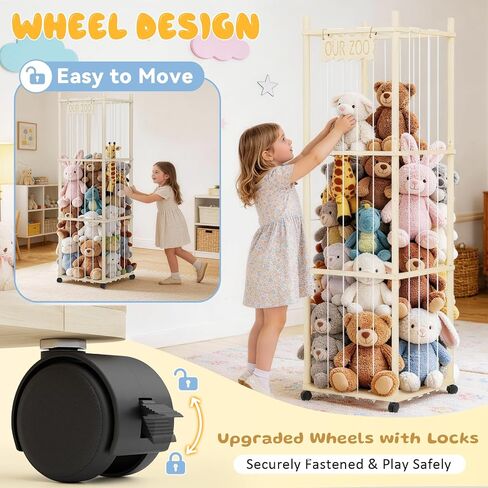 Rexlebo 54in Stuffed Animal Storage, 3-Tier Wooden Plushies Storage Rack with Lockable Wheels, Space-Saving Stuffed Animal Zoo Holder for Nursery, Playroom, Kids Bedroom in Kuwait