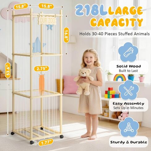 Rexlebo 54in Stuffed Animal Storage, 3-Tier Wooden Plushies Storage Rack with Lockable Wheels, Space-Saving Stuffed Animal Zoo Holder for Nursery, Playroom, Kids Bedroom in Kuwait